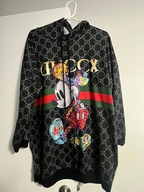 Gucci Black Monogram Graphic Disney Hoodie with Red & Green Stripe